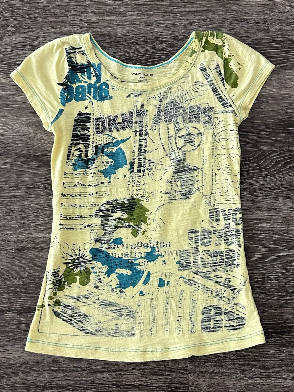 Y2K DKNY Jeans Beaded Graphic Baby Tee Yellow Top Women’s M Indie Sleaze Grunge